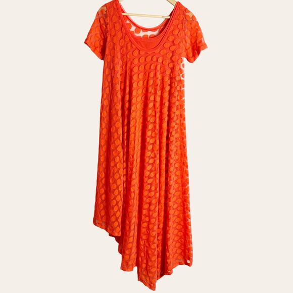 Fuzzi Short-Sleeve Asymmetric-Hem Dotted Orange Midi Dress Size L - Picture 2 of 8